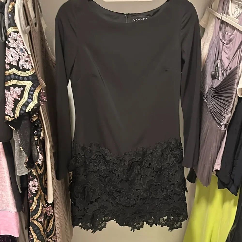 Laundry black shift dress with embroidered detail, size 0, long sleeves